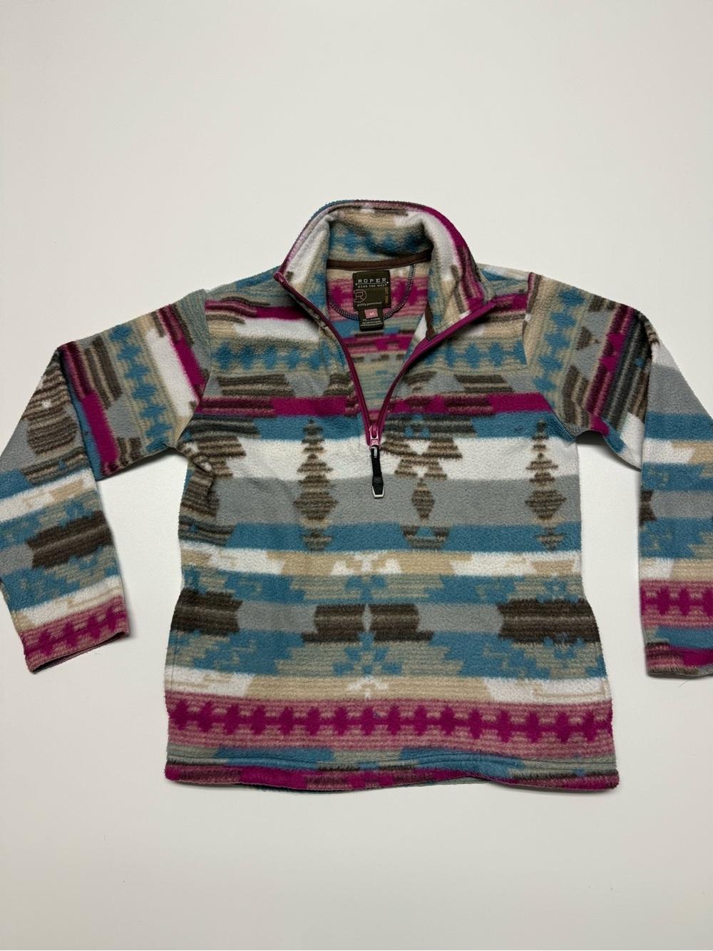 Roper kids size medium Zip-Front Roper Fleece Sweater - Teal, Gray & Magenta